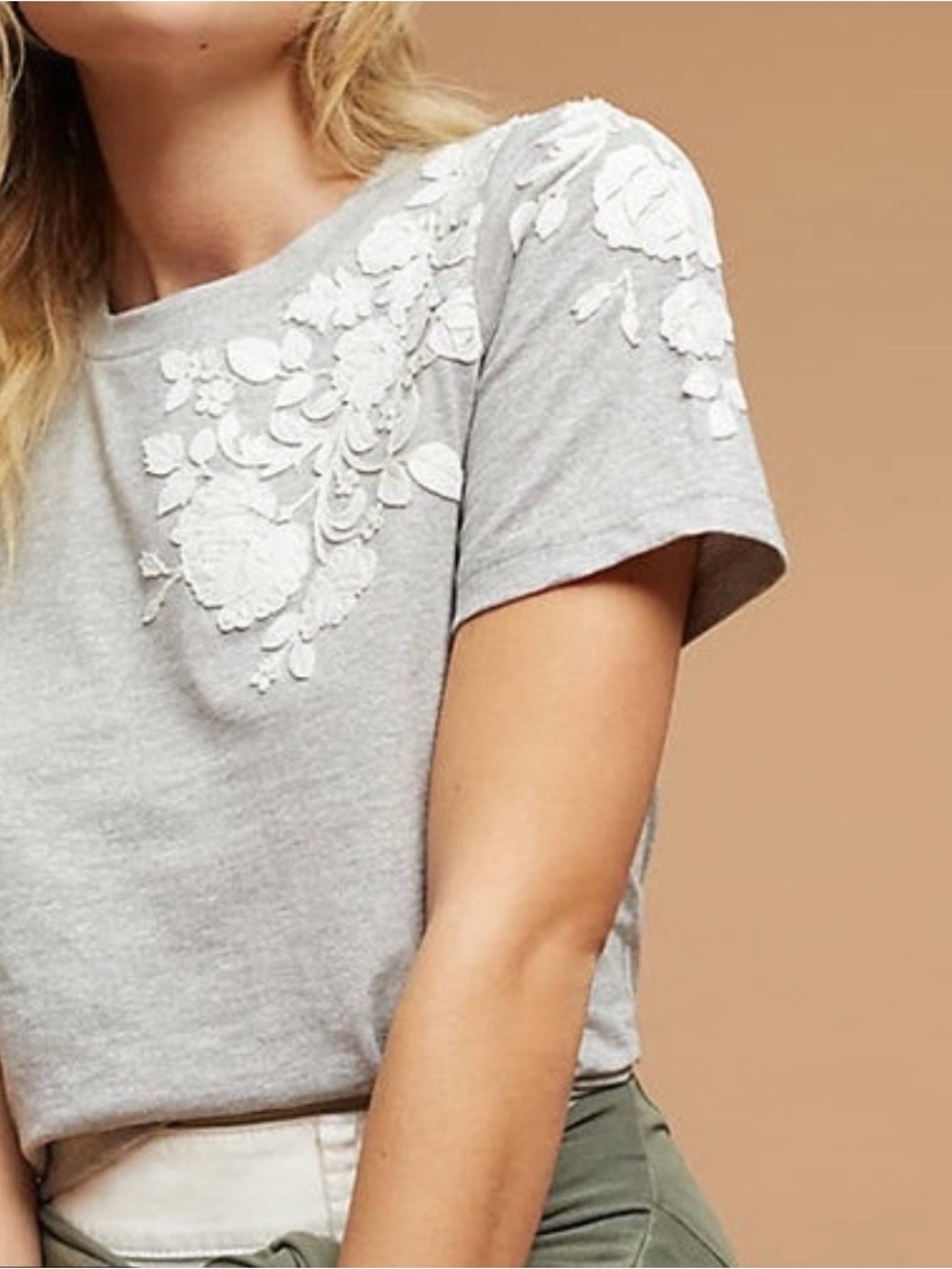 Anthropologie- Pankaj & Nidhi Gray Short Sleeve Tee with White Floral Appliqué